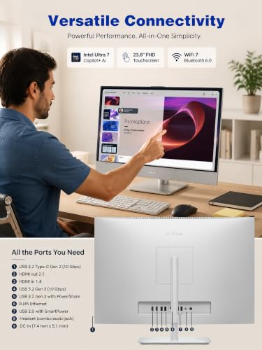 Image of Dell 24 Touchscreen All-in-One Desktop, Intel Ultra 7, 64GB RAM, 2TB SSD | 23.8 inch FHD Touch Display, Windows 11 Pro, Desktop Computer for Business & Creative Professionals, WiFi 7, Ai Copilot