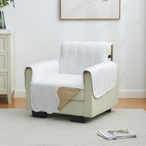 Image of Great Bay Home Velvet Chair Cover - Washable Slipcover Furniture Protector with Elastic Straps - Furniture Cover for Dogs, Kids, and Pets - Stitched Detail (White)