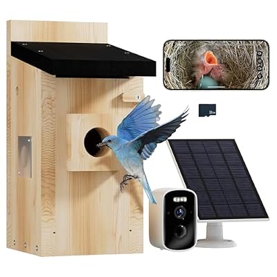 Bird House with Camera Solar Powered,Wood Bird House for Outdoors, 5MP HD Full Color Night Vision Bird Watching Camera For Birdhouse, Wi-Fi Nesting Box For Birds,App Controlled,Automatic Notification