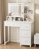 Kitsure Vanity Desk with Mirror and Lights - Large Capacity Makeup Vanity with 4 Fabric Storage Drawers & 3 Lighting Modes, Vanity Table Set with Sturdy Metal Frame for Bedroom, White, 35' x 17' x 52'