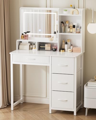 Kitsure Vanity Desk with Mirror and Lights - Large Capacity Makeup Vanity with 4 Fabric Storage...