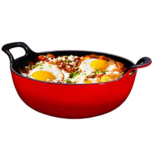 Bruntmor 3 Quart Red Enameled Cast Iron Wok, Cast Iron Wok, Pot Dish, Cast Iron Biryani Pot, 3qt Instant Pot Bakeware Sets, Stove and Oven Safe