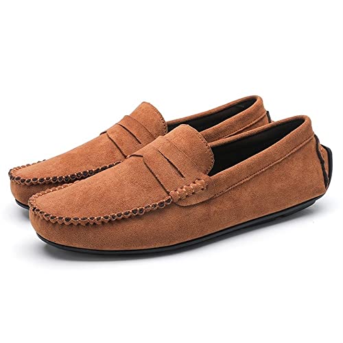 Smoking Loafer Driving Moccasins For Men Genuine Leather Round Toe Suede Vamp Penny Loafer Anti-Slip Lightweight Flat Heel Flexible Driving Slip On (Color : Apricot, Size : 10) #TOP1