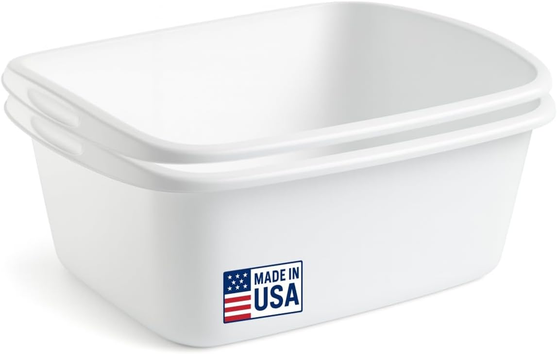 Tribello 2-Pack Dish Pans for Kitchen Sink, Plastic Tub Dishpan Wash Basin and Foot Bath for Soaking Feet, Wash Bucket for Washing and Storage Cleaning Supplies - 12 Quarts - Heavy Duty - (White)