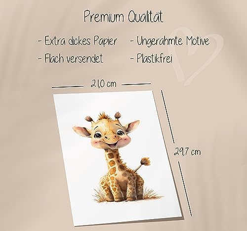 LAVEMA Bilder Kinderzimmer | Glückliche Safari Tiere | Poster A4 (21x30cm) ohne Bilderrahmen | Babyzimmer Deko | Wanddeko Beige Poster | Baby Junge Mädchen Dekoration