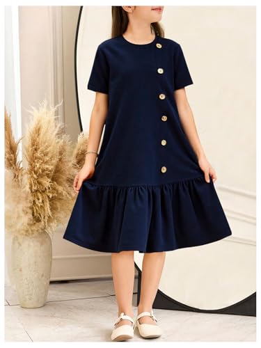 SweatyRocks Girl's Ruffle A Line Midi Dress Button Crew Neck Short Sleeve Dresses3
