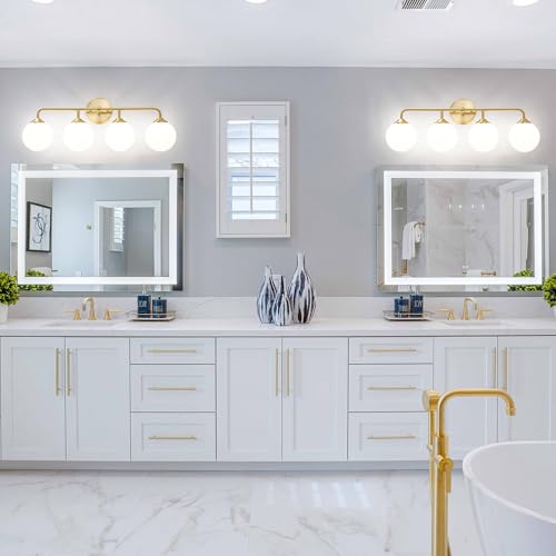 Image of Modern Brushed Brass Bathroom Light Fixtures, Elegant Gold 4-Lights Vanity Light Fixtures, Milky White Globe Glass Shade Vanity Light over Mirror, Wall Sconces for Bathroom Dressing Table Bedroom