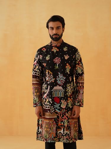 Sojanya Luxe (Since 1958) Men'S Cotton Satin Persian Embroidered Black & Multi Long Kurta2