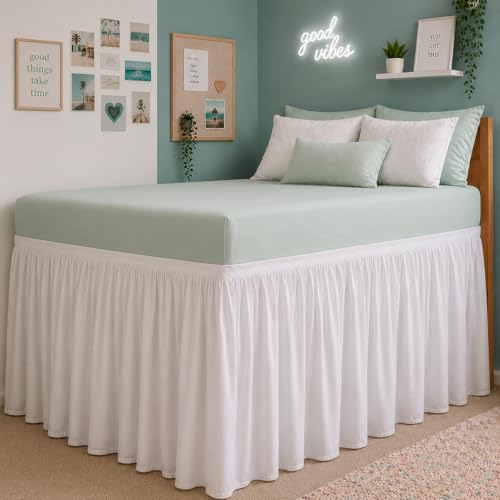 Twin XL Dorm Bed Skirt, 30 Inch Drop, White Bedskirt for College Dorm Room