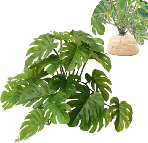 KERUIDENG Reptilienpflanzen für Terrarium, Amphibien-Lebensraum-Dekor, künstliche Pflanzen für Gecko, Chamäleon, Schlange Schildkröte, Tankzubehör mit Sockel (Monstera deliciosa)
