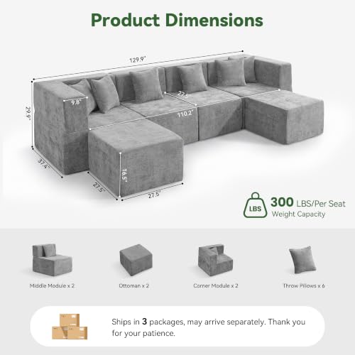 Image of MONVANE U Shaped Boneless Sectional Couch Oversized, Chenille, Light Gray