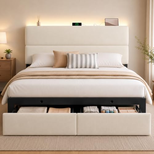 UHTN Queen Bed Frame with 2 Storage Drawers Beige Velvet Upholstered