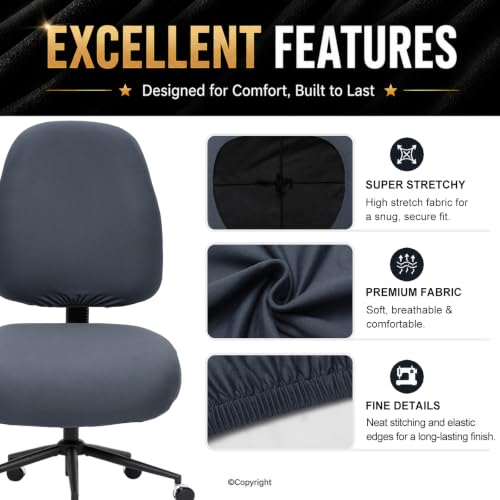 Image of Stretchable Desk Office Chair Seat Covers - Universal Stretch Computer Chair Slipcover - 180GSM Washable Rotating Backrest Coverings & Cushion Protectors for Dogs, Cats, Pets, Dark Gray