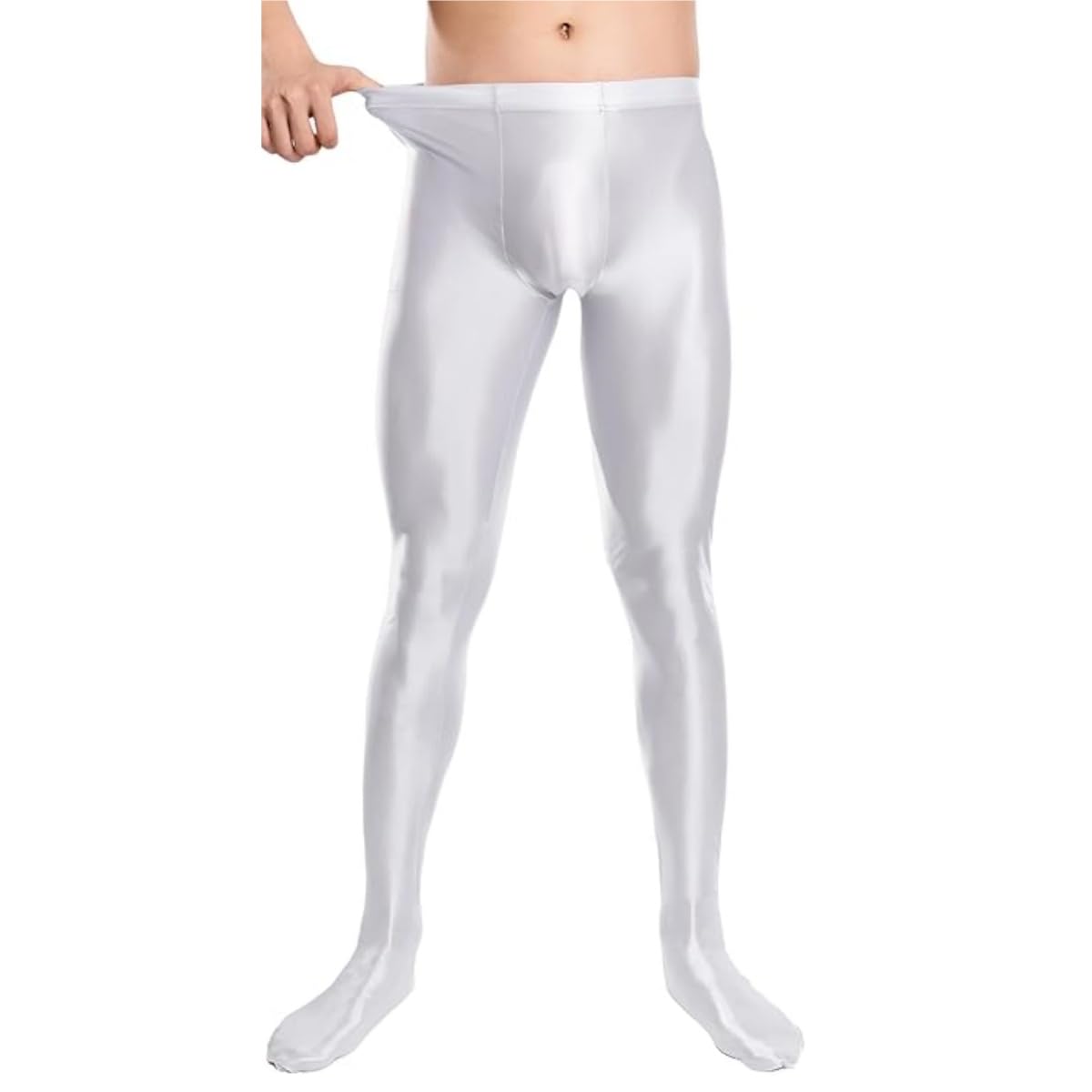 Hybursky Men's White Shiny Tights, High Waist Tummy Control Glossy Yoga Sports High Tight, Stretchy Foil Spandex Pantyhose For 80S Disco, Slim Fit Solid Hold Up Leggings For Dancewear Nightclub Rave Party Fitness