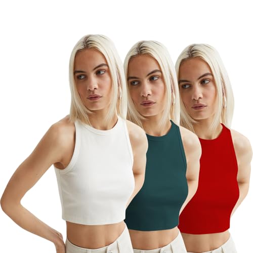 Image of KERI PERRY Tops for Women Crop Top for Women's Tank Activewear Tee Sports Western Casual Cotton Camisole Pack of 3 Combo