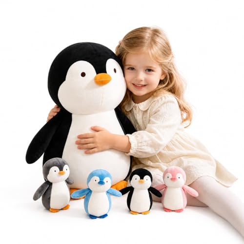 Dalmao Juego de 5 piezas de peluche de pingüino de 40 cm, suave pingüino con 4 juguetes de peluche en el vientre, bonito regalo para niñas y niños