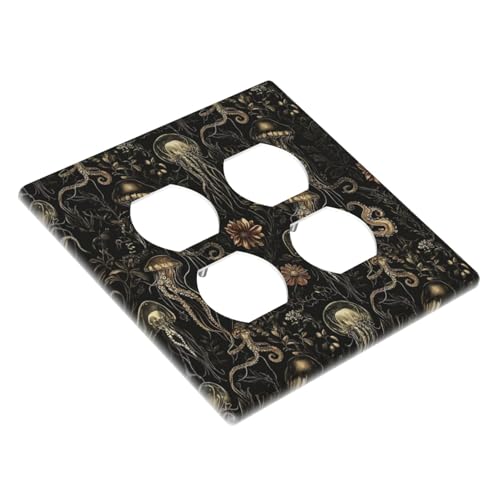 Decorative Outlet Covers Black Gold Jellyfish Squid Deep Sea Creatures 2 Gang Outlet Cover Wall Plate Double Duplex Light Switch Cover Plate Switch Plate Covers for Bedroom Decor