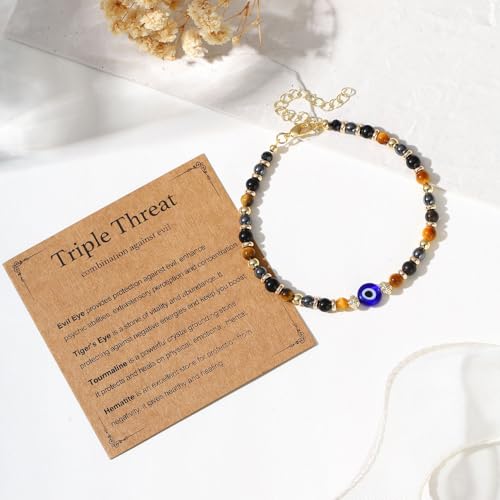 Image of Triple Threat Protection Anxiety Relief Gifts for Women,Natural Healing Crystal Bracelet Evil Eye Jewelry for Her Friends