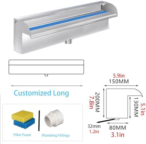 Customizable 24" Wide Stainless Steel Waterfall Spillway Kit - DIY Outdoor Fountain for Ponds & Koi Ponds - Garden Water Feature with Essential Fittings