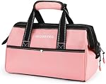 WORKPRO 13-Inch Tool Bag, Pink Soft Cloth Tool Storage Bags, Wide Mouth Tool Tote Bag with Inside Pockets - Pink Ribbon