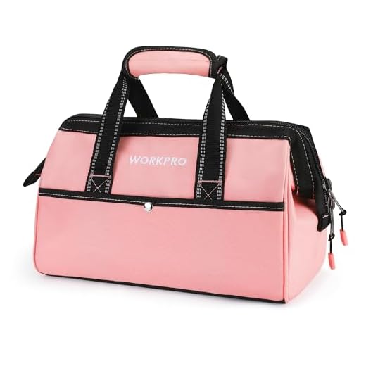 WORKPRO 13-Inch Tool Bag, Pink Soft Cloth Tool Storage Bags, Wide Mouth Tool Tote Bag with Inside Pockets - Pink Ribbon