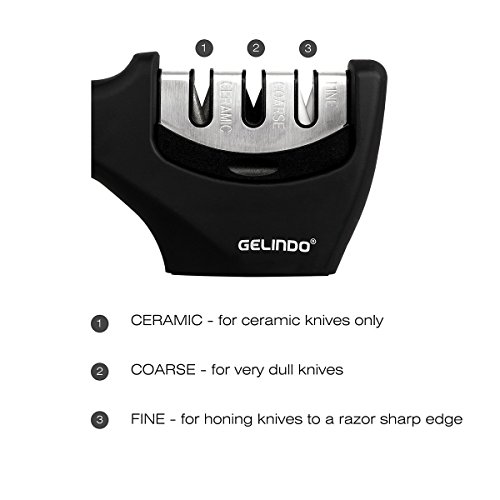 Gelindo 3 Stage Knife Sharpener - Ceramic, Coarse and Fine - Rubberized Base- for Combat, Carving, Fillet, Pocket Knives & More - Thumbnail 2
