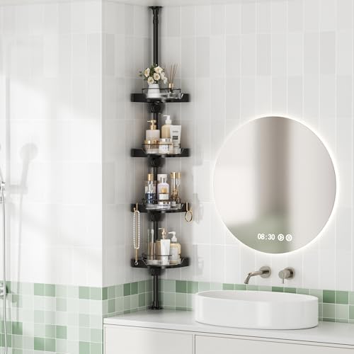 Image of akinbas 360 Rotating Shower Caddy Tension Pole with 4-Tier Rustproof Lazy Susan 35-128 Inch No Drilling Coner Shelves Adjustable Shower Rack for Bathroom Bathtub Washbasin Plant Storage (Black)