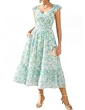 GRACE KARIN Damen Elegant Blumenkleid, Rüschenärmel V Ausschnitt Kleid Damen Sommer mit Tasche, Sommerkleid Damen Leicht Strandkleid Weiß Blaugrün Blumen M
