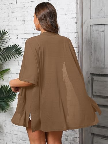 Image of AusLook Plus Size Cardigan for Women Short Sleeve Lightweight Open Front Shrug with Pockets for Dresses and Layering 1X-5X