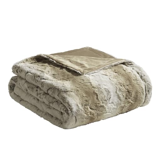 Madison Park Zuri Soft Plush Luxury Oversized Faux Fur Throw Animal Stripes Design, Faux Mink On The Reverse, Modern All Seasons Blanket for Bed, Sofa Couch, Office, Sand, 60x70"