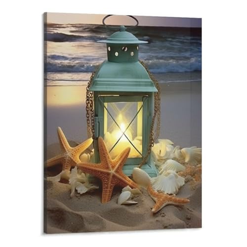 GLIDAX Beach Decoration - Print with a Teal Lantern Sitting on the Beach - Seaside Setting with Shells and Starfish Ocean 16x20 Inch