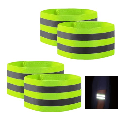 GeekerChip 4 Pezzi Bracciale Riflettente,Fascia Catarifrangente Running,Alta visibilità Fasce Riflettenti,Regolabile,per Ciclismo,Corsa,Adulti e Bambini Caviglia Polso,35x5cm(Verde)
