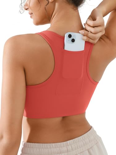 BRXL High Support Front Closure Phone Pocket Sports Bra for Women Padded Racerback Buttery Soft Workout Running Zip Bra Red