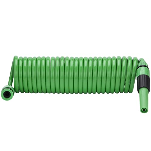 Fora Manguera en Espiral Extensible 7,5 m – Material EVA Resistente – Pistola de Riego Ajustable – Incluye 2 Conectores Rápidos 3/8, Adaptador de Grifo – Color Verde