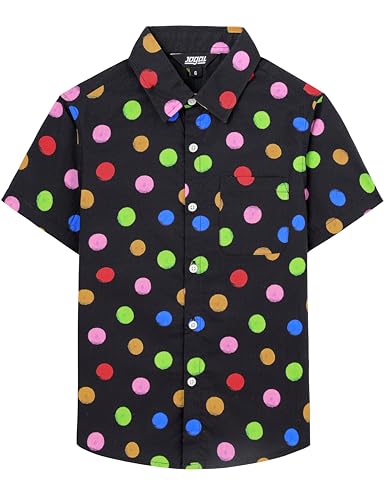 JOGAL Boys Polka Dots Short Sleeve Button Down Shirt Novelty Fun Summer Cotton Easter Shirt for Kids 6-14 Years Black 6