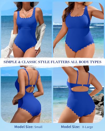 Image of Charmo Womens Scalloped One Piece Swimsuits Modest Bathing Suits | Square Neck,Ribbed,Push Up Removable Cups,Adjustable Wide Straps,Cutout Back,Beach,Pool