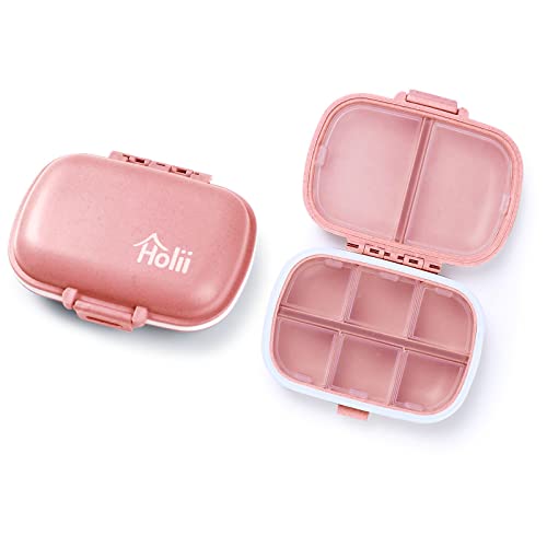 Holii 2 Pack 8 Compartments Travel Pill Organizer, Pocket Pharmacy For Purse Daily Pill Box Portable Medicine Organizer Vitamin Holder Container (Light Pink) #TOP4