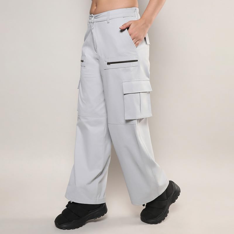Image of PINACOLADA Women's Moon Grey Straight Fit Cargo Trousers for Casual Wear | 6 Pockets | Regular Fit | Button Closure | Cargo Pants Crafted with Comfort Fit for Everyday Wear