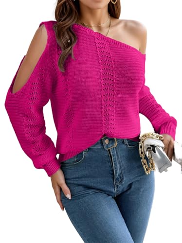 Womens Off The Shoulder Sweaters Long Sleeve Crochet Pullover Shirt Casual Loose Knit Tops 2025