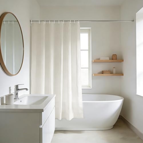 YISURE Rideau de Douche Court étroit Hauteur 150 cm, Tissu crème Rideau de Douche Plus Court, Hydrofuge avec Ourlet lesté, Largeur 150 x Hauteur 150 cm