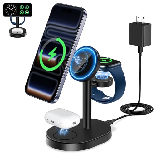 Hevanto 2025 3 in 1 Wireless Charging Station for Apple MagSafe Charger, 15W Fast Magnetic Mag-Safe Charger Stand for iPhone 17 16 15 14 13 12 Apple Watch AirPods Series, Gifts for Men