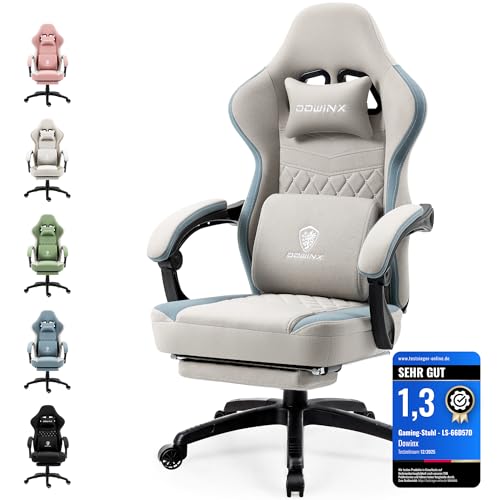 Dowinx Gaming Stuhl Stoff Bürostuhl mit Taschenfederkissen, Massage Gamer Stuhl mit Kopfstütze, Ergonomische Racing Gaming Sessel mit Fußstütze (Grau)