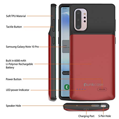 Punkjuice Galaxy Note 10 Plus Battery Case, 6000Mah Fast Charging Extended Power Bank W/Screen Protector | Intelswitch | Slim, Secure And Reliable Compatible W/Samsung Galaxy Note 10+ Plus [Red] #TOP1
