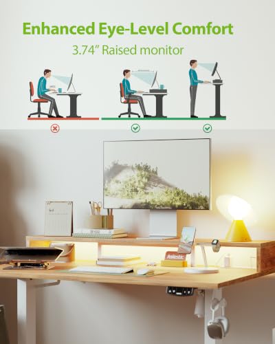 Image of Agilestic 48x24 Inch Electric Standing Desk with Shelf, Height Adjustable Desk with Power Outlets & LED, Sit Stand Up Table with Monitor Stand, Computer Workstation, Light Rustic Brown