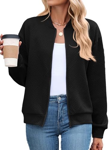 iChunhua Bomber Jacket Women Casual Zip up Cardigans Lightweight Short Coat Classic Outwear (Black, X-Large)