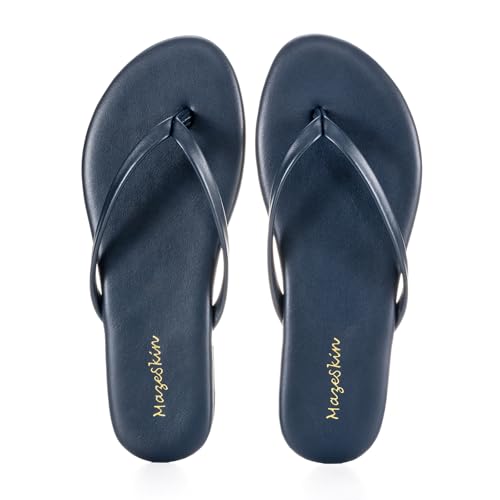 Image of mazeskin Women's Memory Foam Comfortable Flat Thong Sandals Dressy Summer Beach Leather Slide Flip Flops