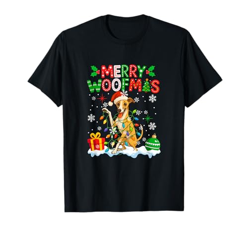 Merry Christmas Woof Santa Whippet Colorful Lights Owner T-Shirt