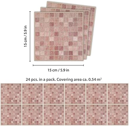WALPLUS 24pcs 15x15cm Vintage Pink Marble Mosaic Wall Tile Sticker Set Light Peel and Stick Backsplash Decals Home Decors Splashback for Kitchen Bathroom Tiles Paint Stick on Wall Living Room Bedroom