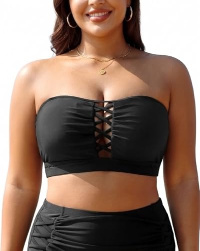 Plus Size Bikini Swimsuit Top - Women Bandeau Swim Top Lace Up Bathing Suit Bra for Large Bust Swimwear Black 20 Plus