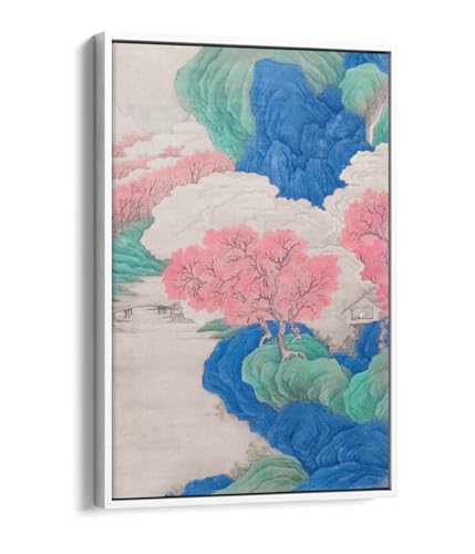Impression sur toile nuages blancs et arbres rouges de Li Jian cadre blanc 51x76 cm